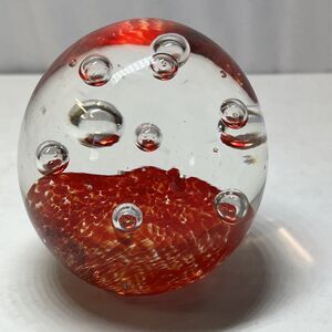 Vtg Murano Style Art Glass Paper Weight Egg Shaped Red Clear Design